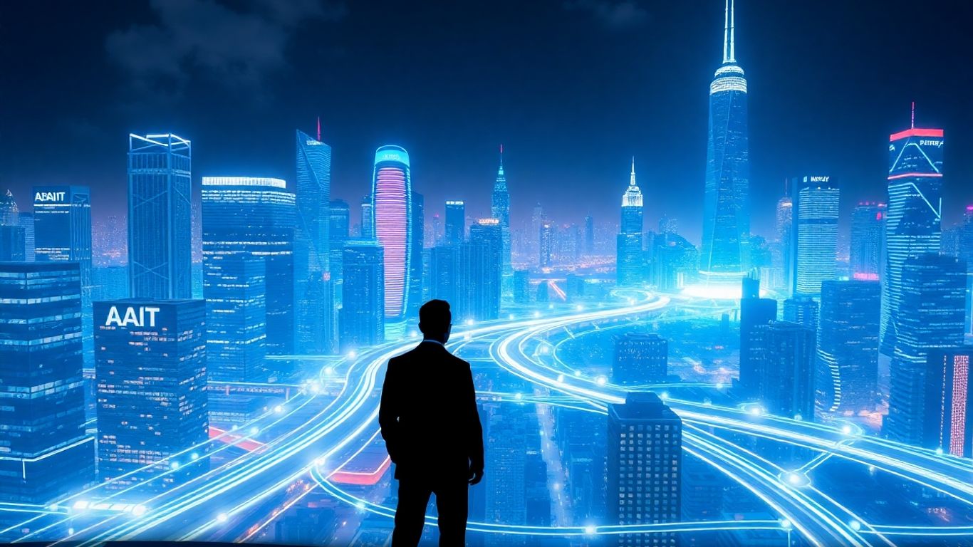 AI and human interaction in a futuristic financial landscape.