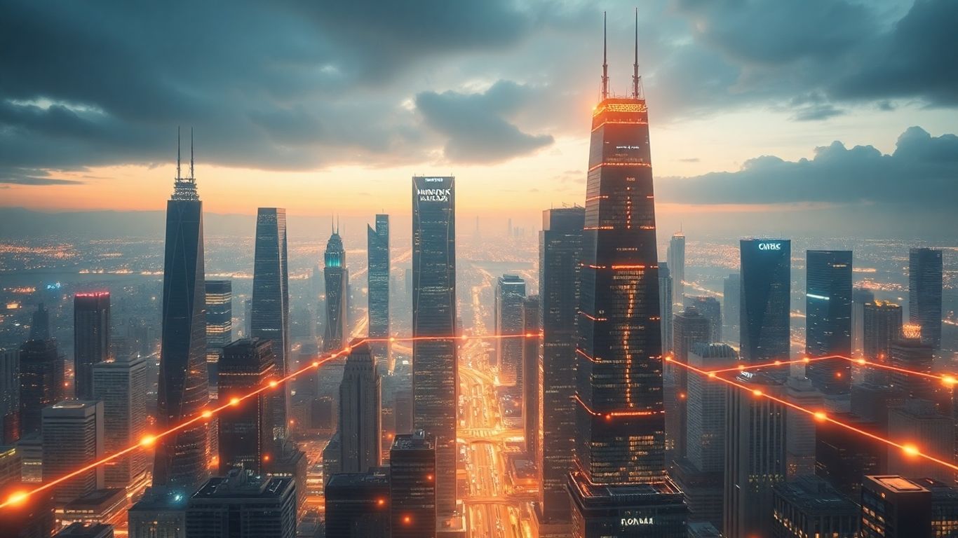 Futuristic cityscape with AI neural network patterns.