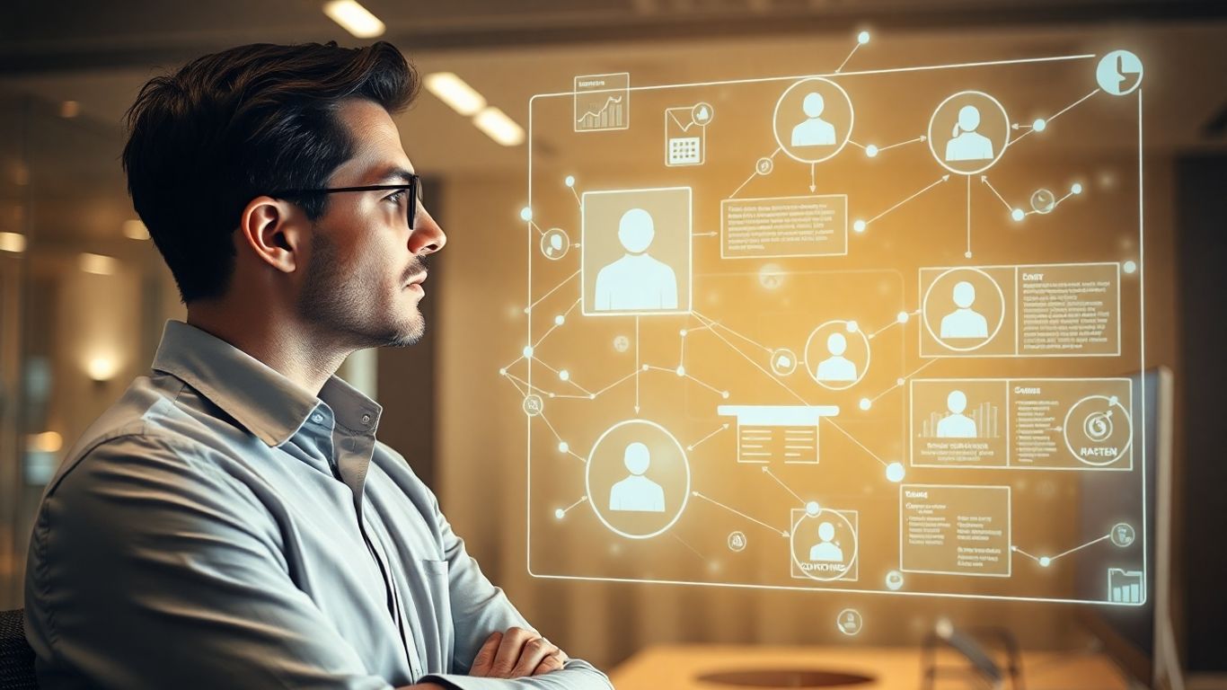 AI sales professional analyzing customer data on a futuristic display.