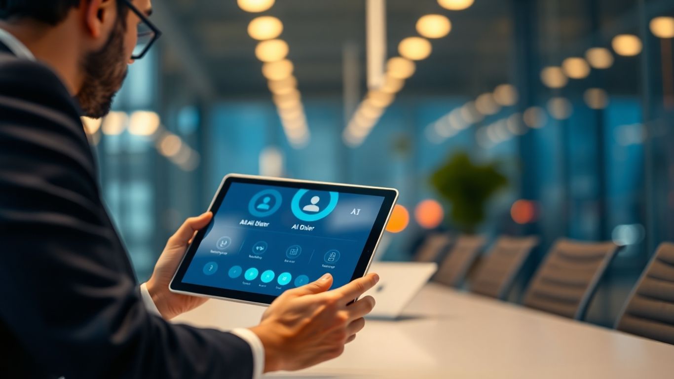 Salesperson using AI dialer on tablet in modern office.