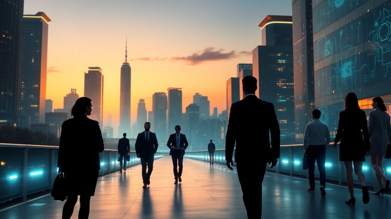 AI sales professionals in a futuristic city.