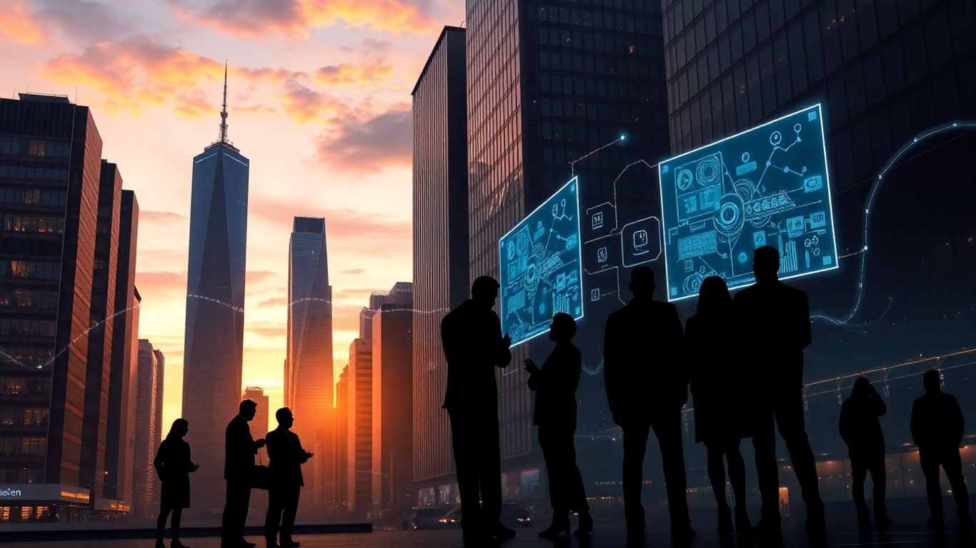 Futuristic cityscape with glowing circuits and professionals interacting with holograms.