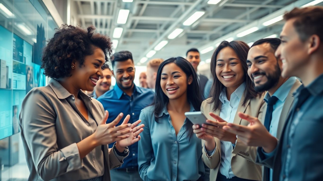 AI sales professionals in a modern, energetic office setting.