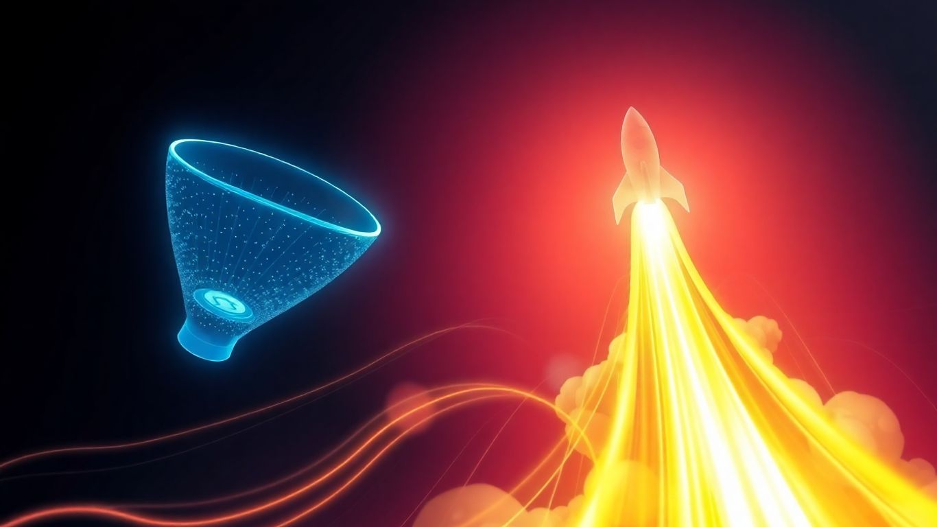 Sales funnel transforming into a rocket ship ascending.