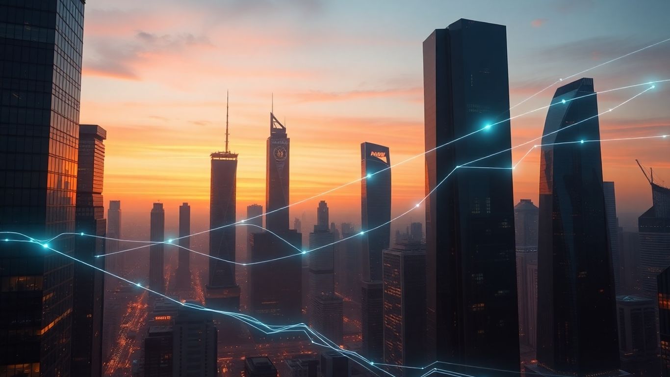 Futuristic cityscape with digital streams and glowing nodes.