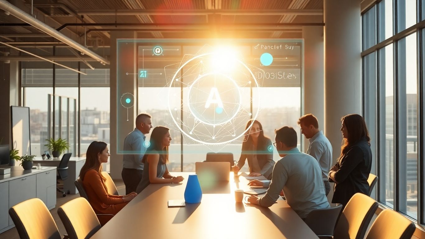 AI sales assistant helping business team in modern office.