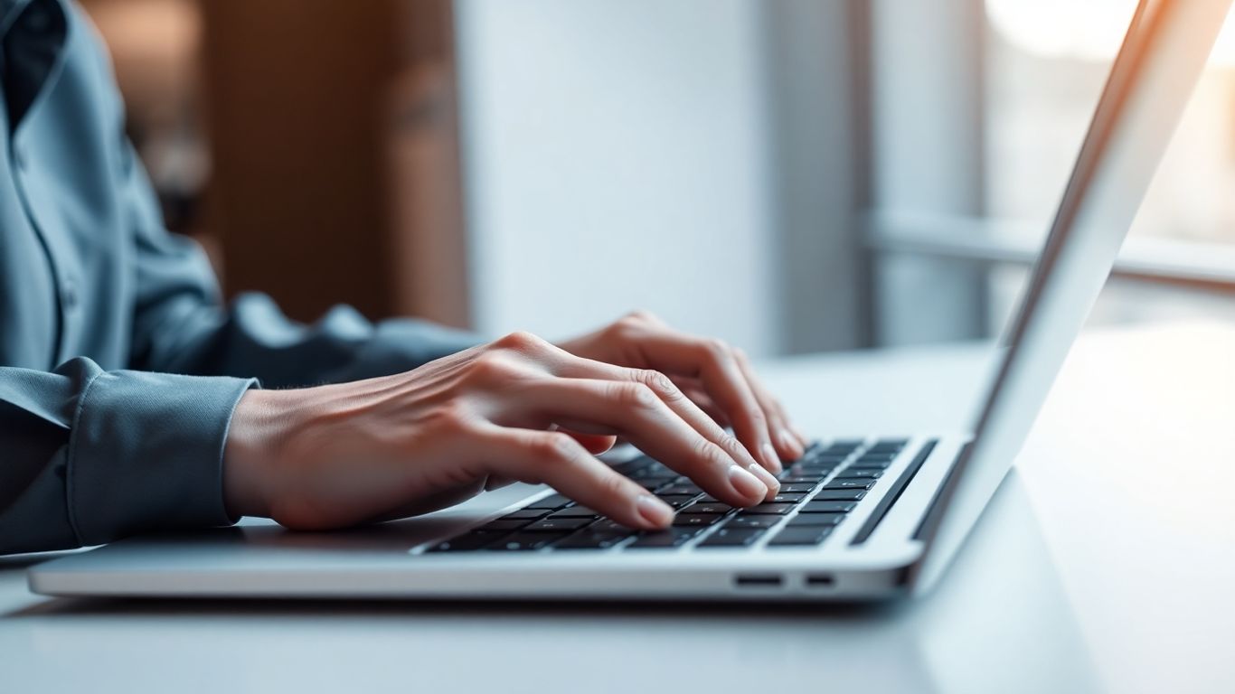 Hands typing on a laptop with AI elements.