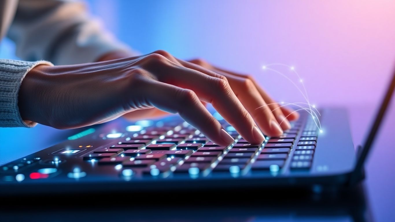 Hands typing on a futuristic keyboard with digital patterns.