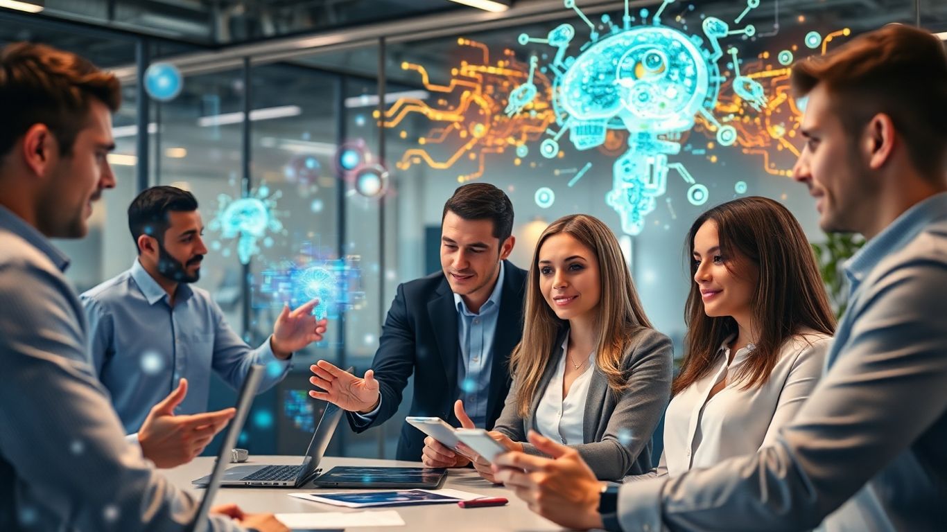 Sales team using generative AI technology in an office.