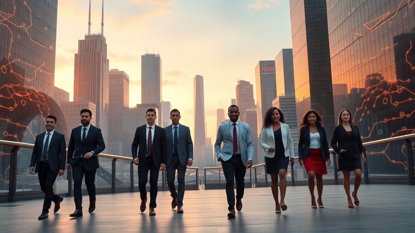 Professionals in a futuristic city with AI circuits.
