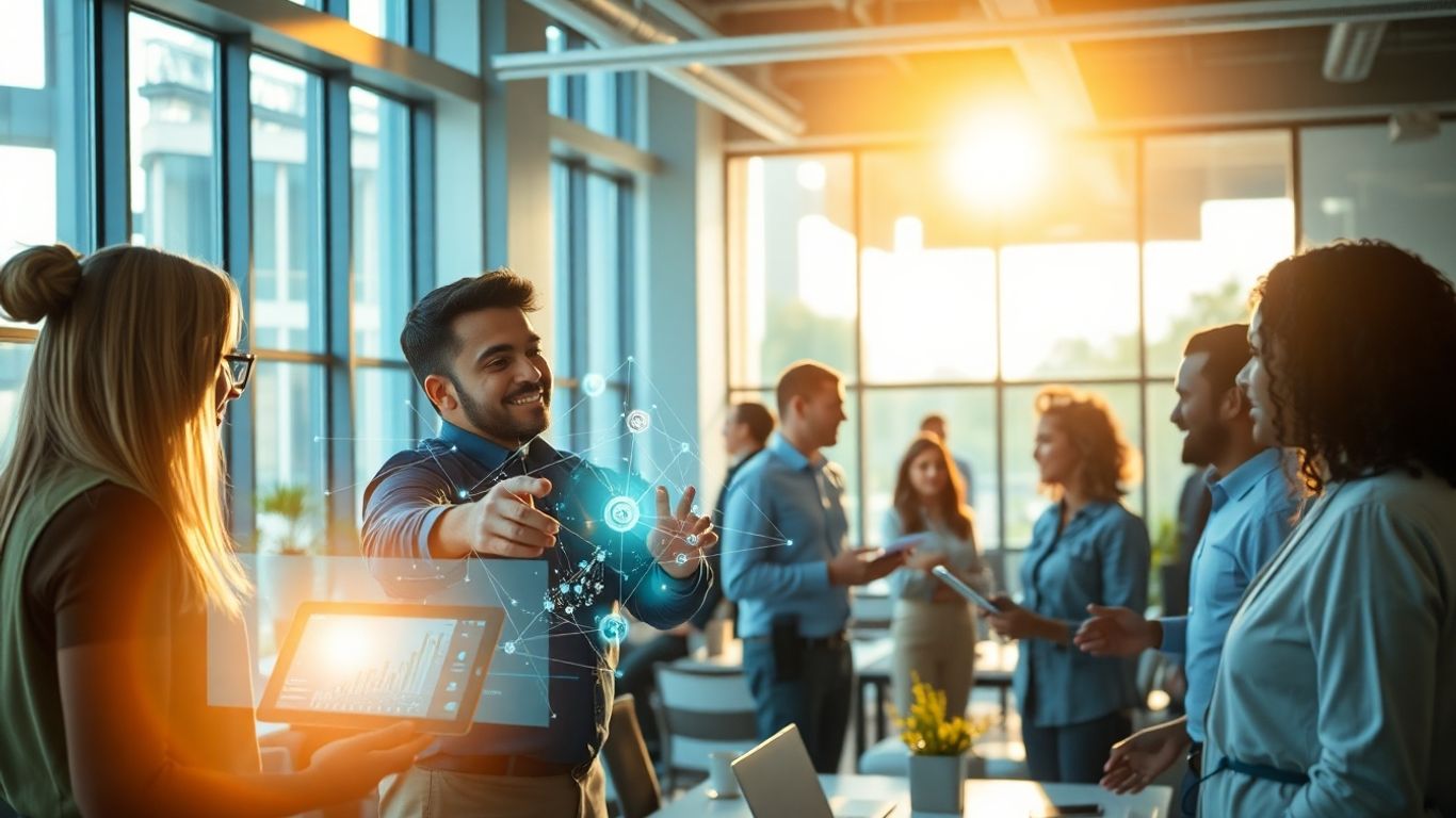 AI sales professionals collaborating in a modern office.