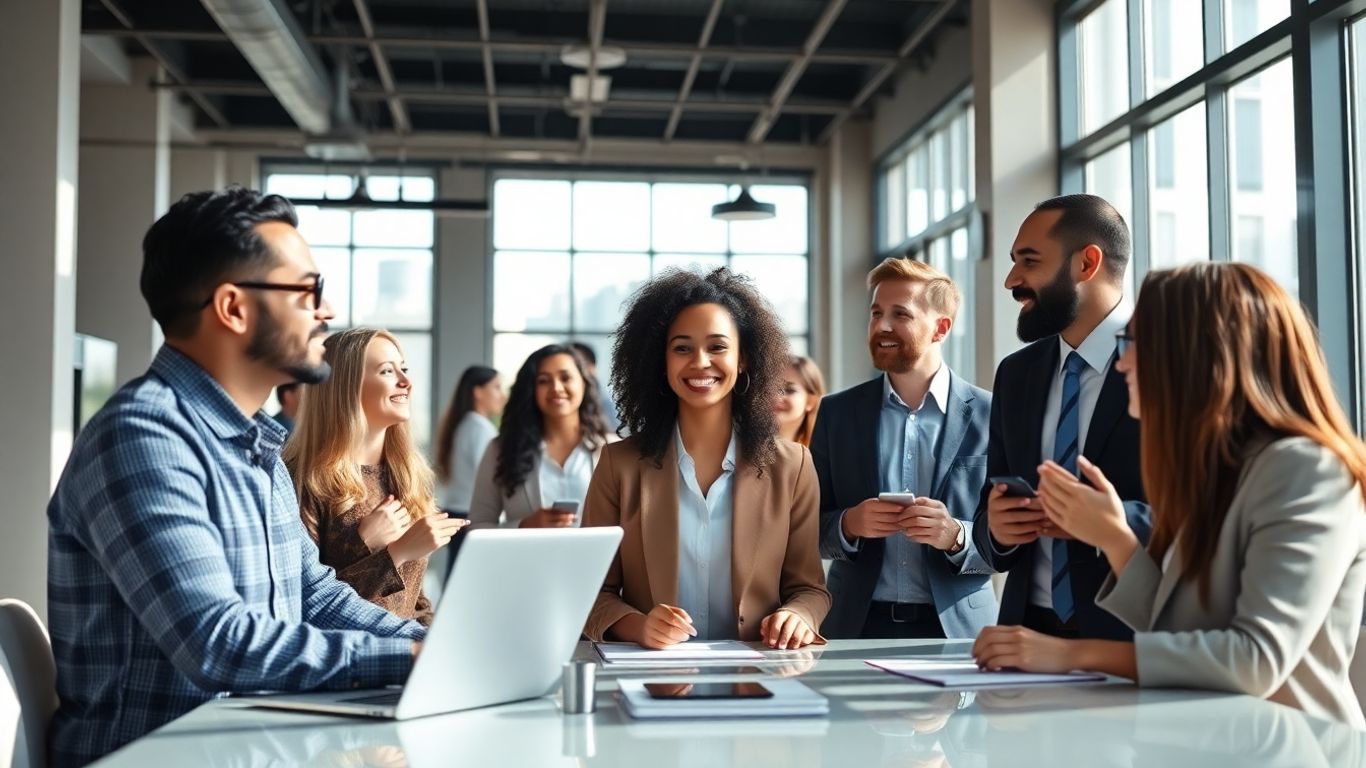 Professionals collaborating in a bright, modern office.