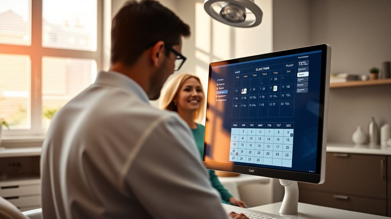 Dentist and patient with AI appointment setting interface.