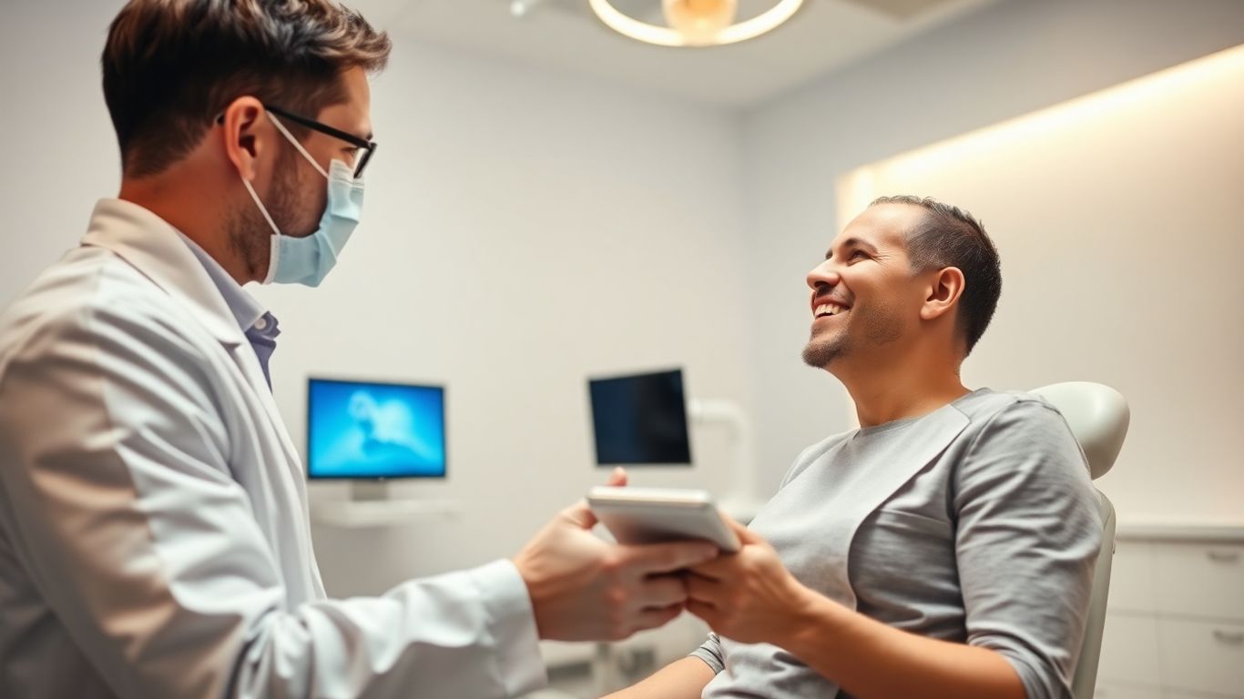 Dentist and patient in a modern dental office.