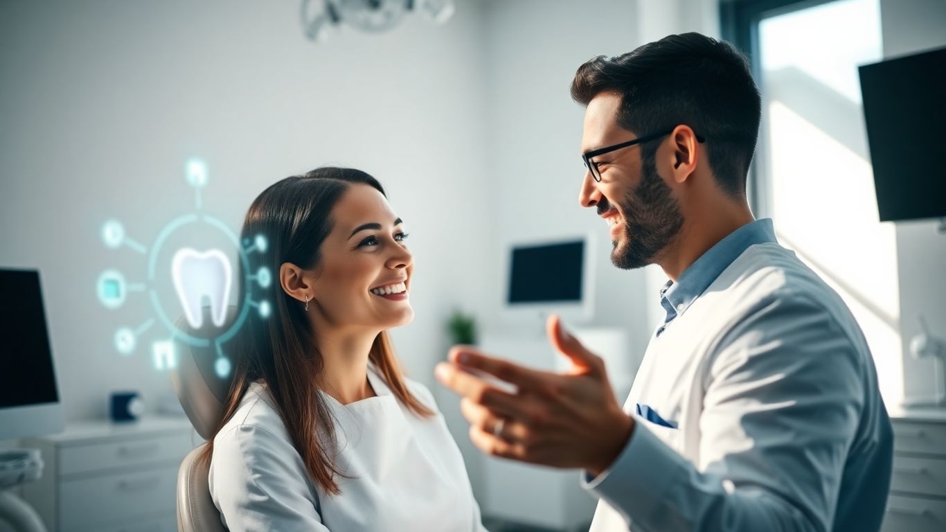 Dentist using AI appointment setter technology in office.