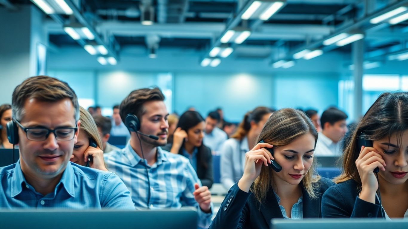 Busy professionals on phones managing high call volumes.