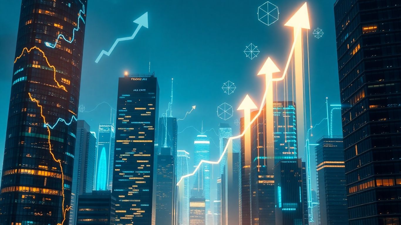 AI sales forecasting cityscape with data streams and growth arrows.