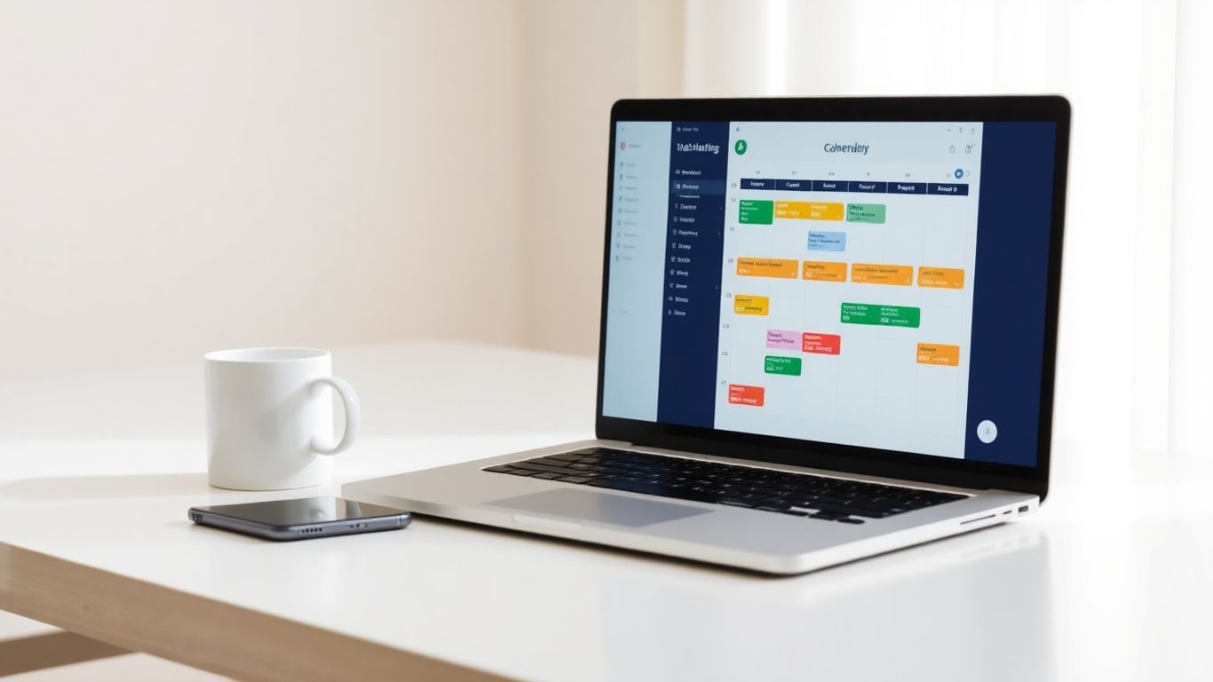 Laptop showing a digital calendar interface on a desk.