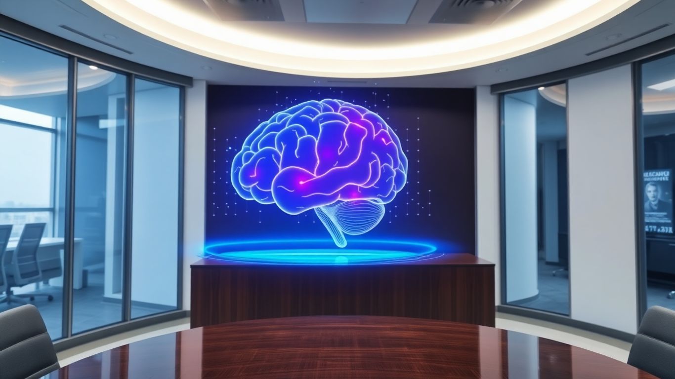 Salesforce Einstein AI brain hologram in office.