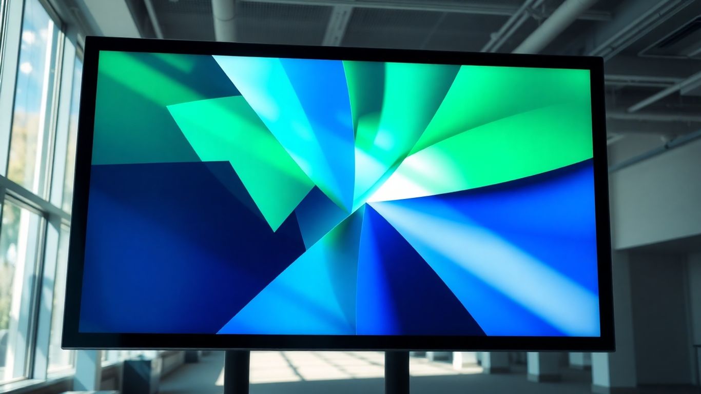 Modern office with digital display and abstract patterns.