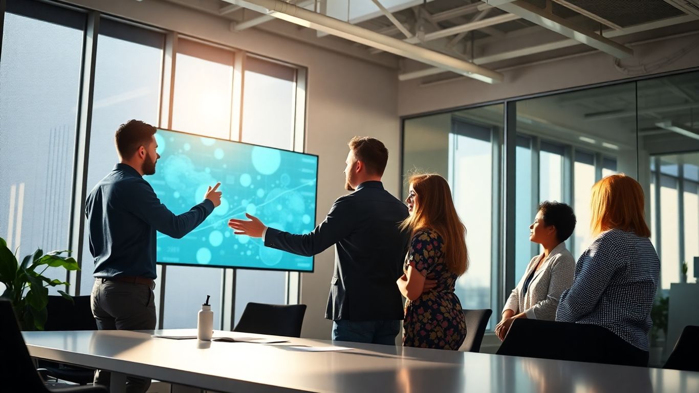 Team collaborating on AI sales software interface.