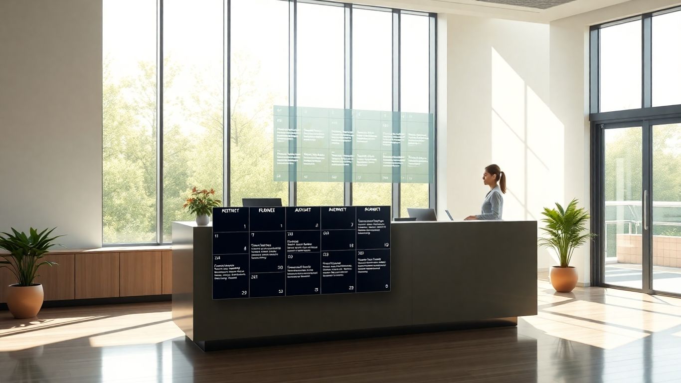 Receptionist managing appointments on a digital interface.