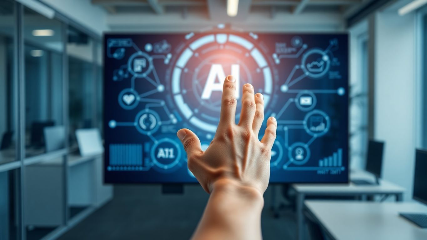 AI appointment setter interface on a screen with a hand interacting.