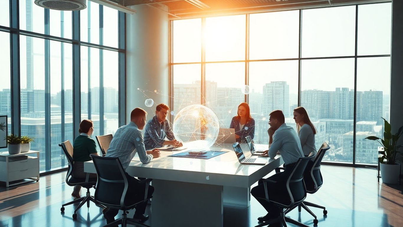 AI sales assistant interface in a modern office.