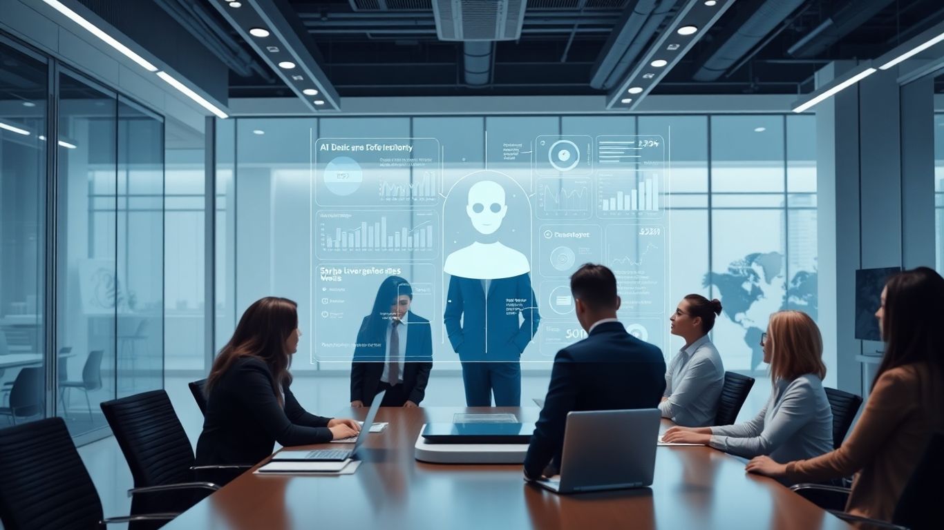 AI sales assistant hologram in a modern office.