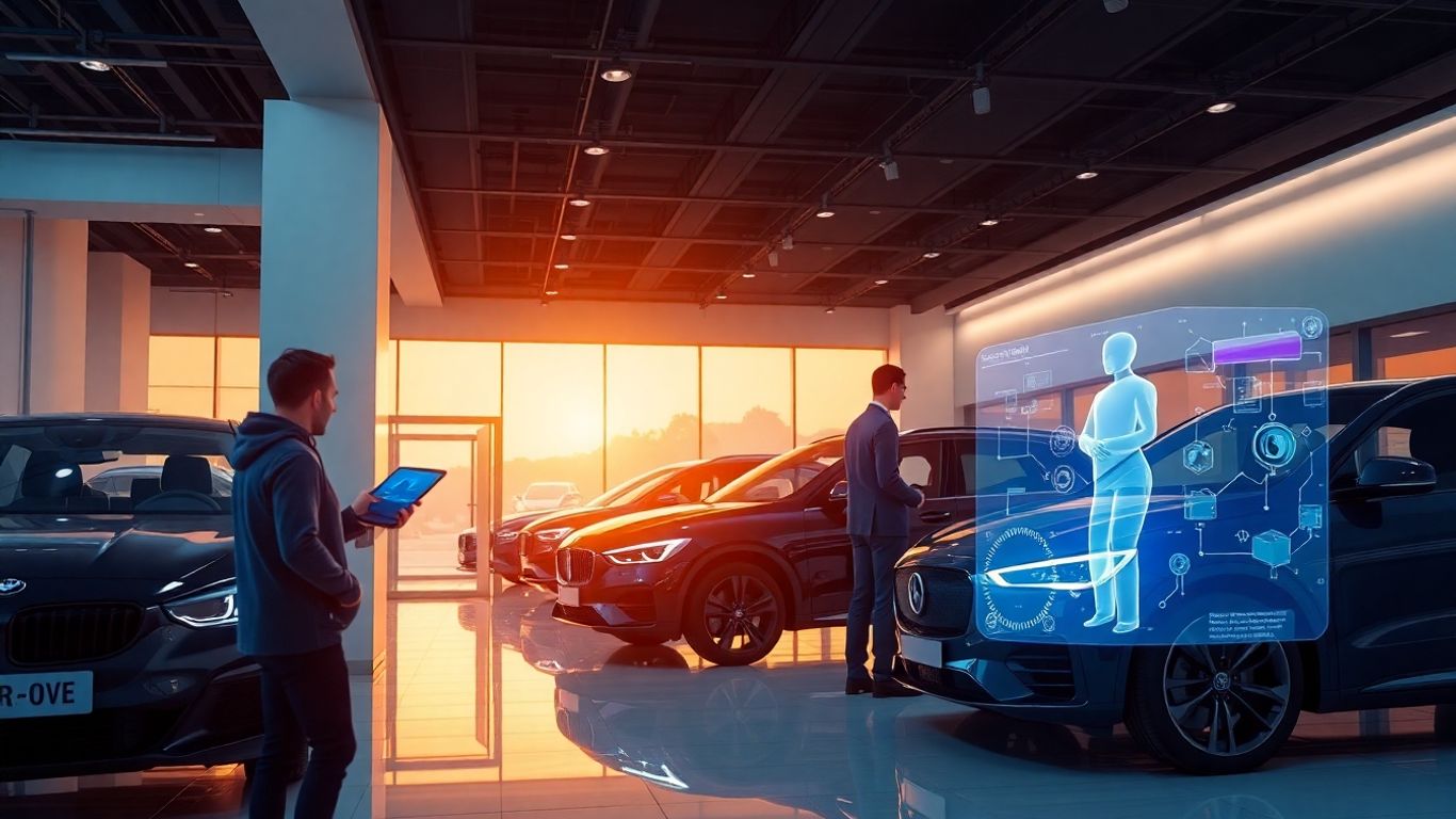 AI assistant helping customer in a modern car dealership.