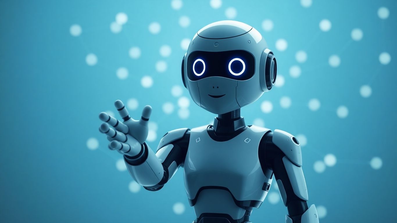 AI sales robot extending hand, futuristic network background.