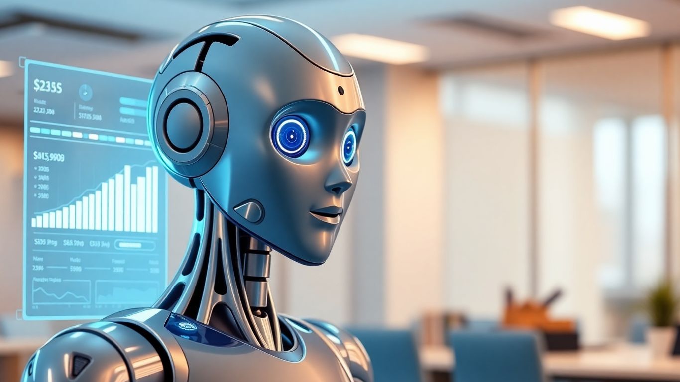 AI sales representative interacting with holographic sales data.