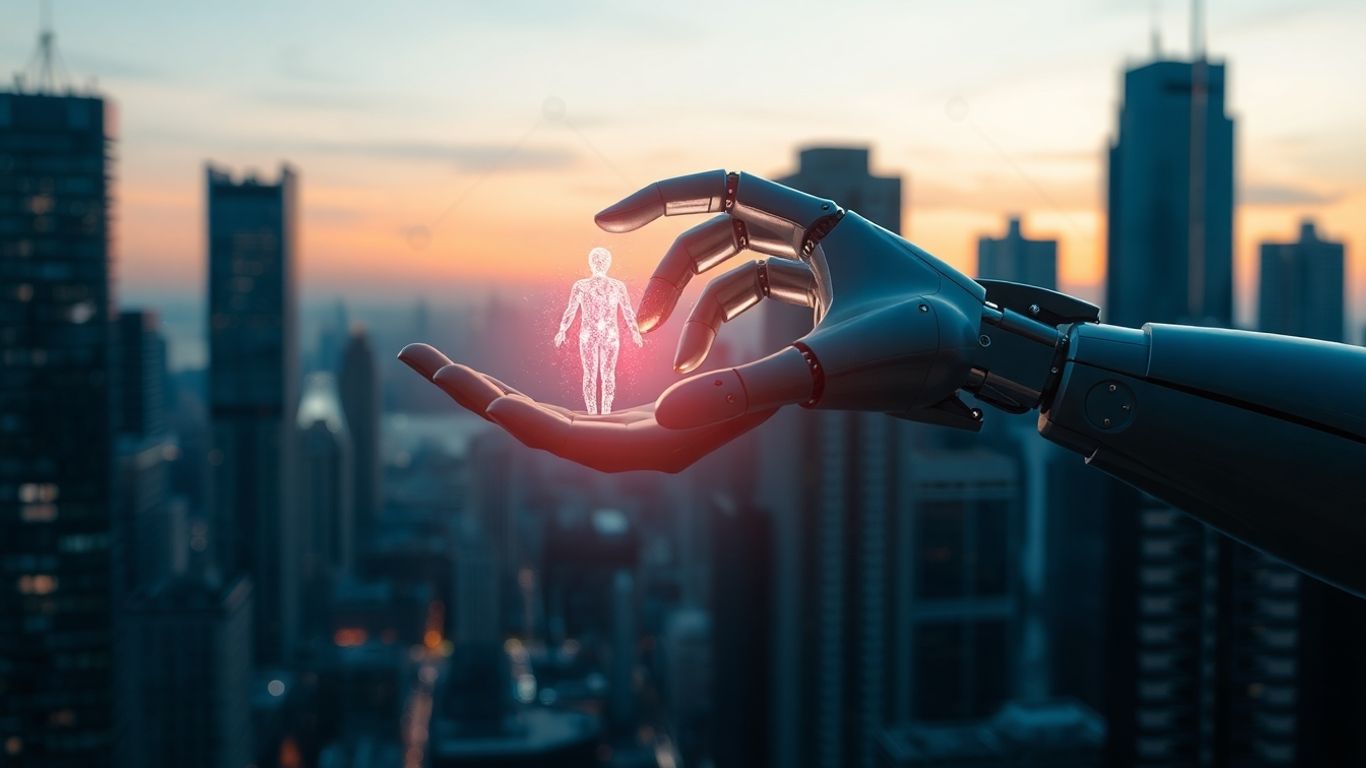 Robot hand reaching towards human connection in futuristic city.