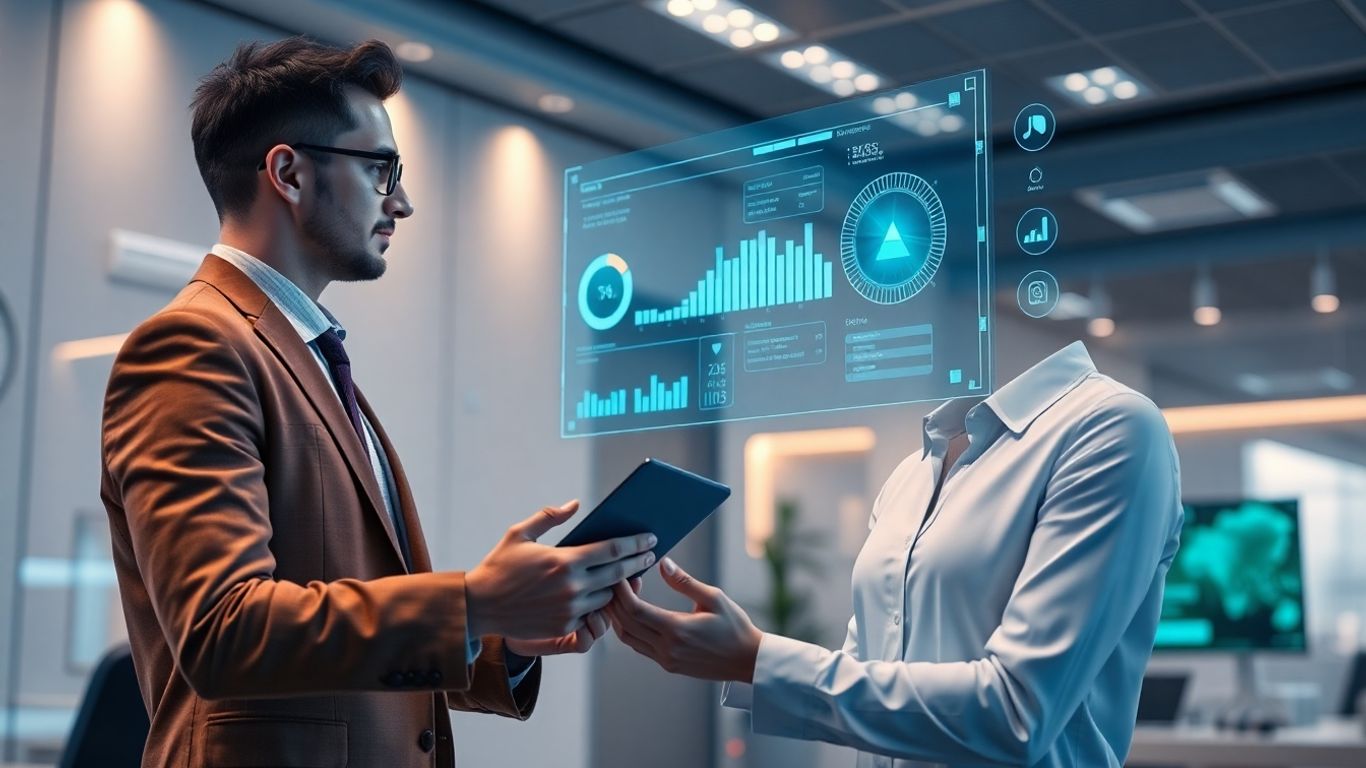 AI and human collaborating in a futuristic sales environment.