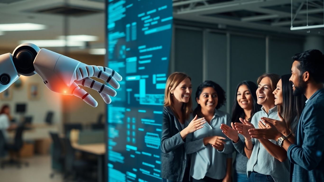 Robot and people interacting in a sales setting.