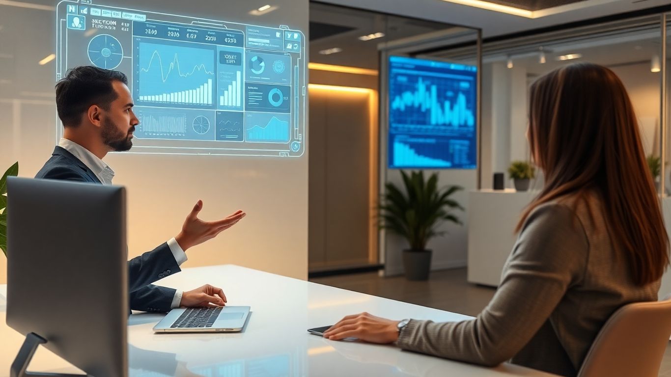 Human and AI collaborating in a futuristic sales environment.