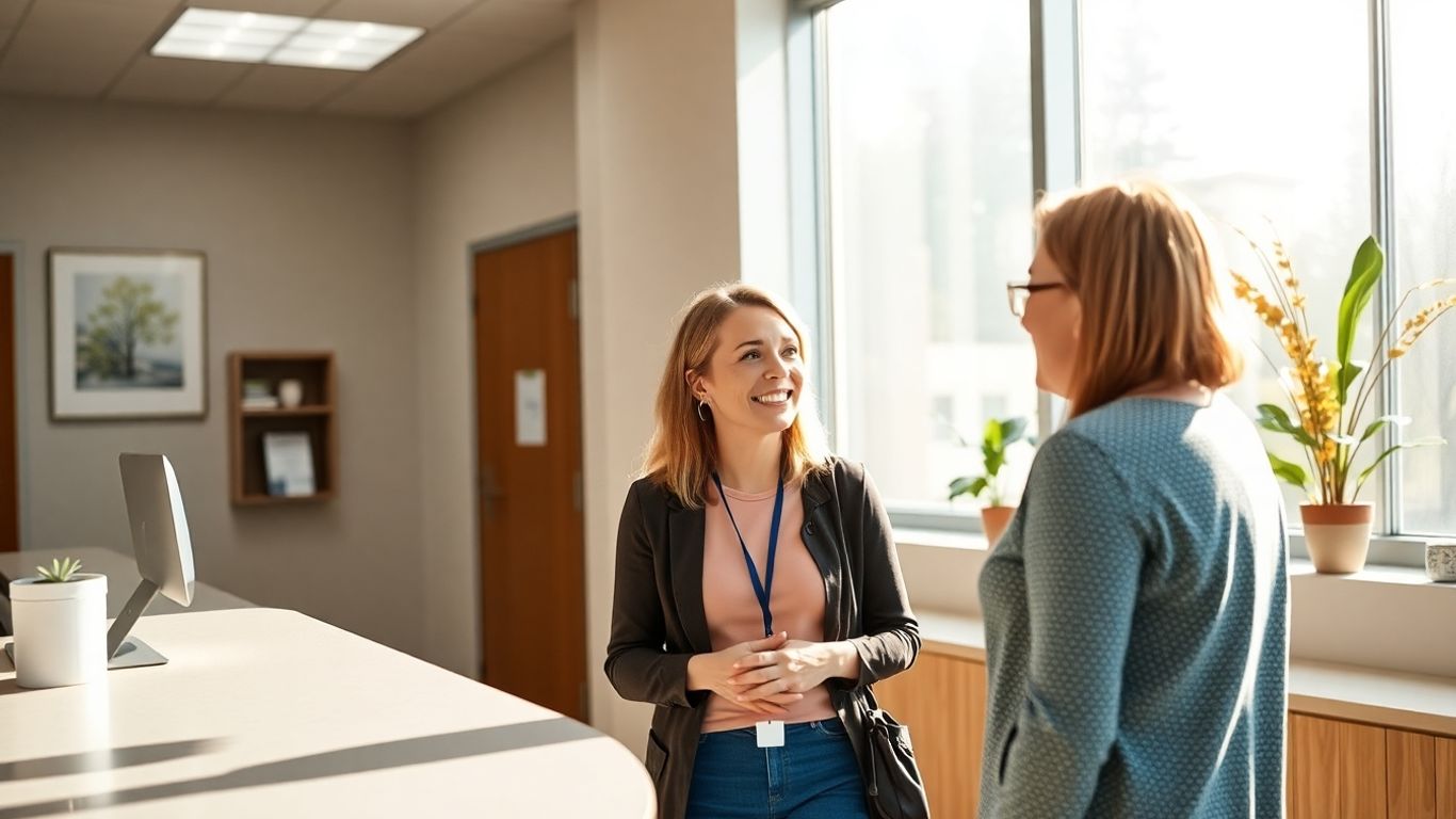 Healthcare receptionist assisting a patient with a smile.