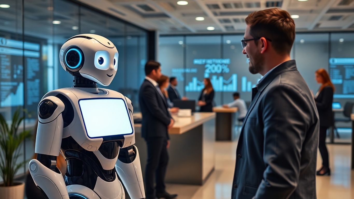 AI receptionist robot assisting a customer in a modern office.