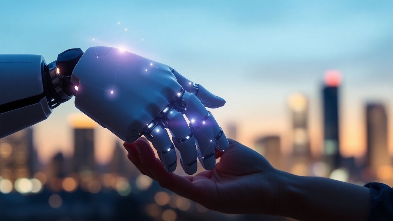 Robot and human shaking hands, future of sales