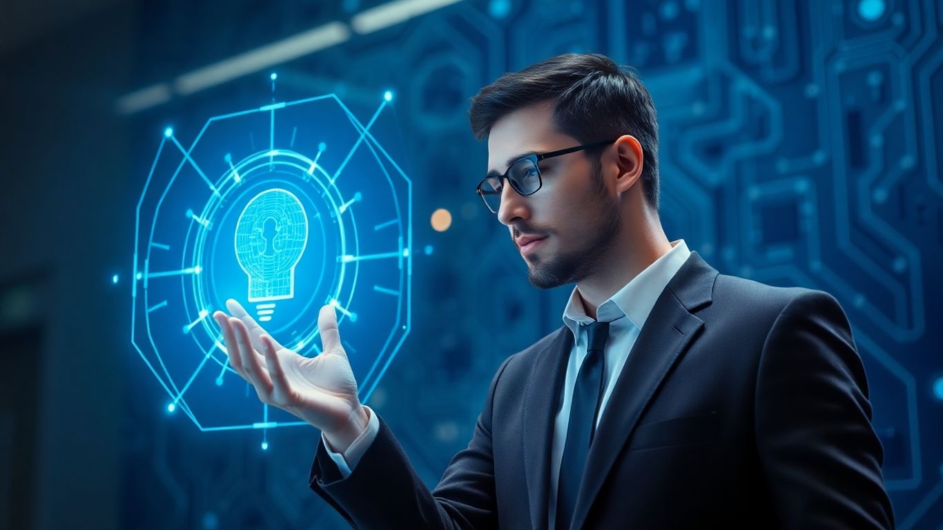 Salesperson interacting with AI interface, future of sales.