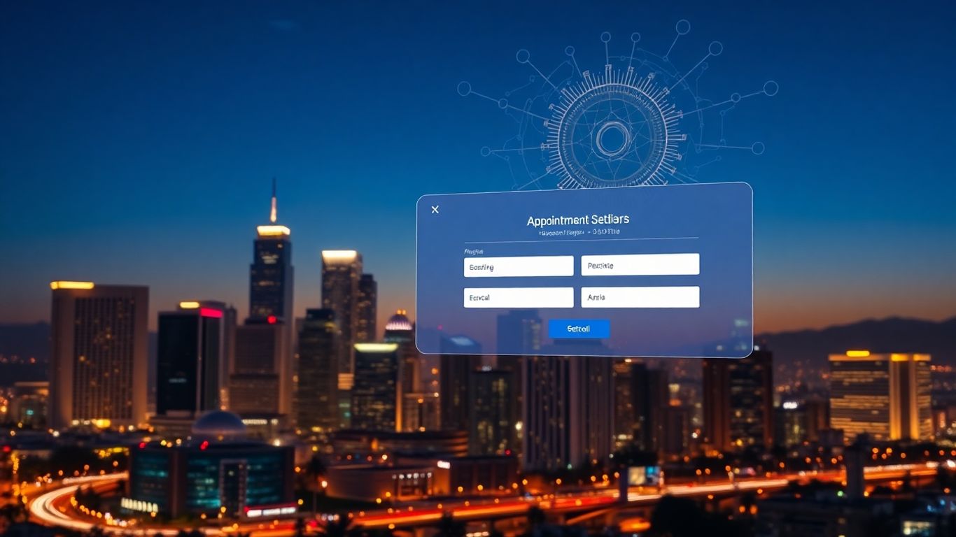 AI appointment setter technology in Los Angeles skyline.