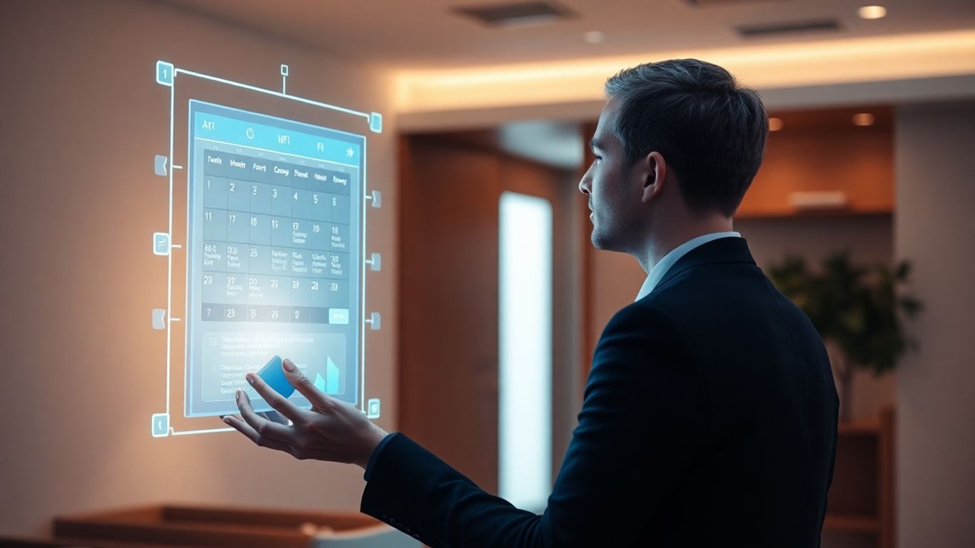 AI voice appointment setter scheduling a meeting on a holographic calendar.