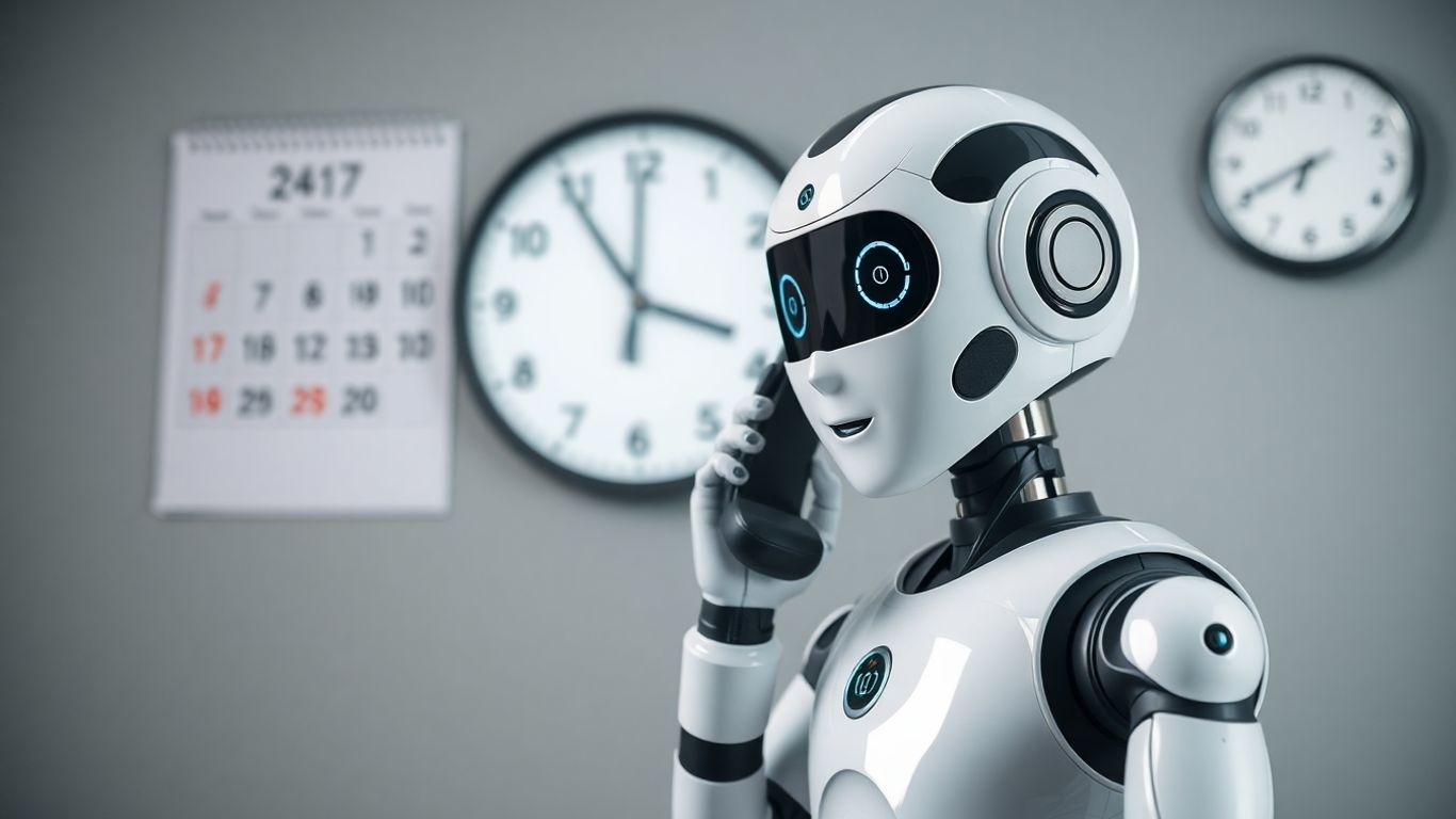AI robot making a phone call, symbolizing 24/7 appointment setting.