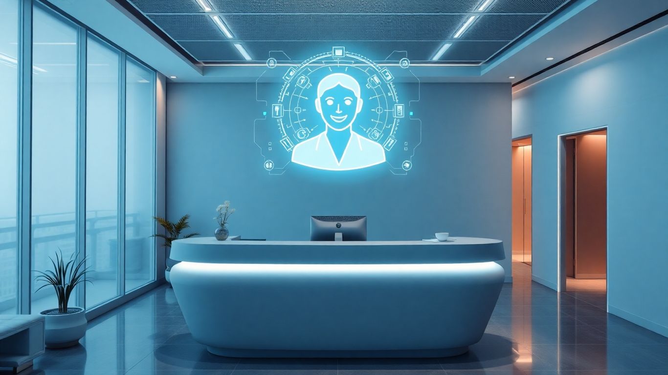 AI receptionist interface in a modern office.