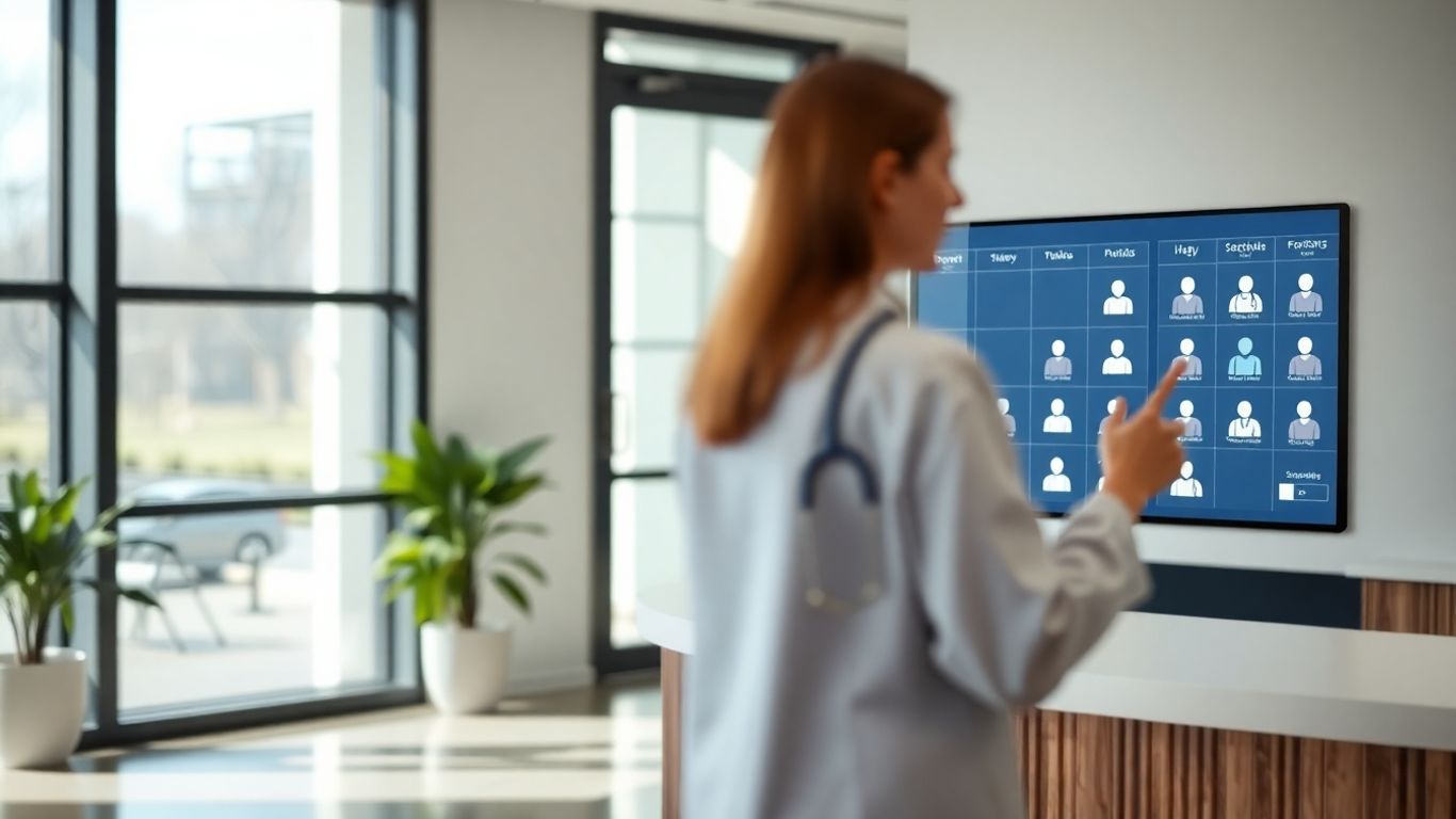 AI appointment setter interface in a modern medical office.