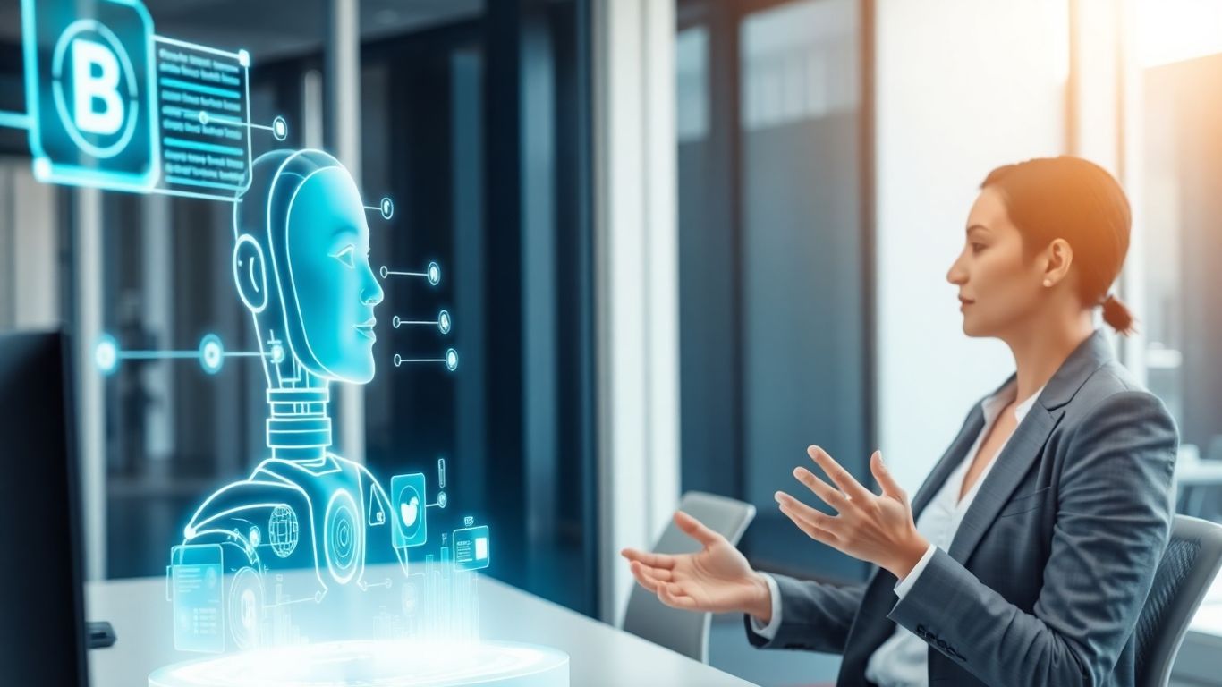 AI assistant helping a professional in a modern office.