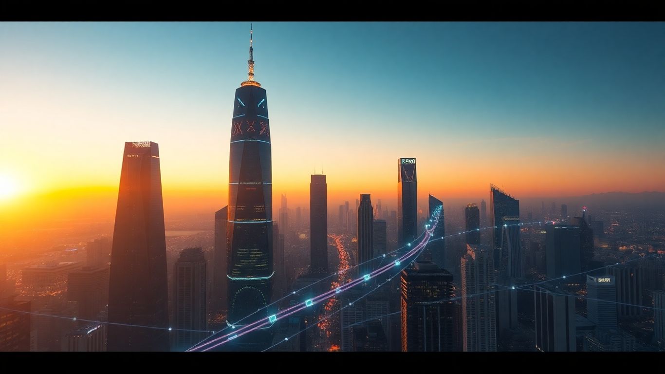 Futuristic cityscape with AI neural network overlay.