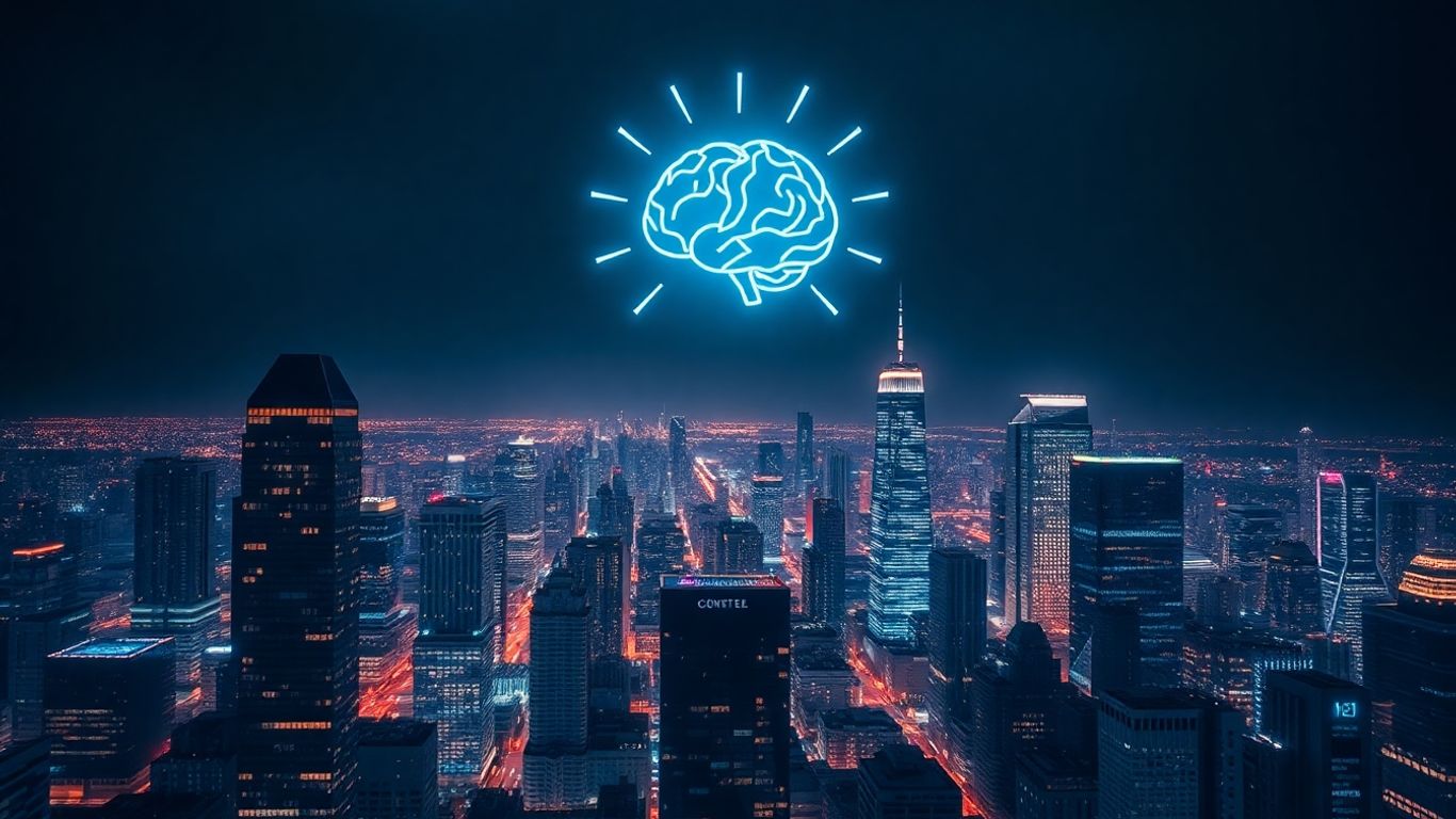 AI transforming business growth in a futuristic city.