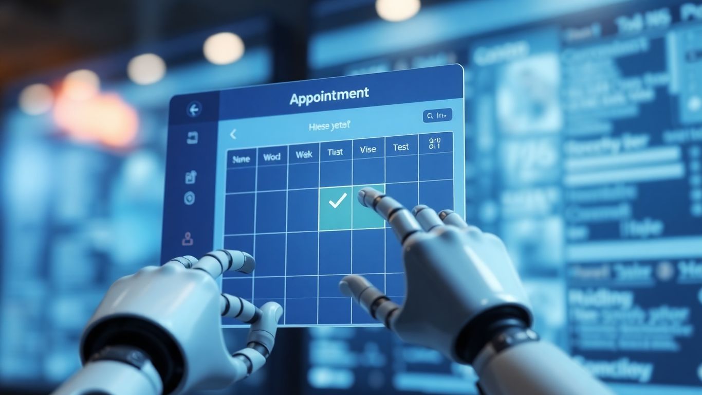AI appointment setting calendar confirmation with robotic hand.