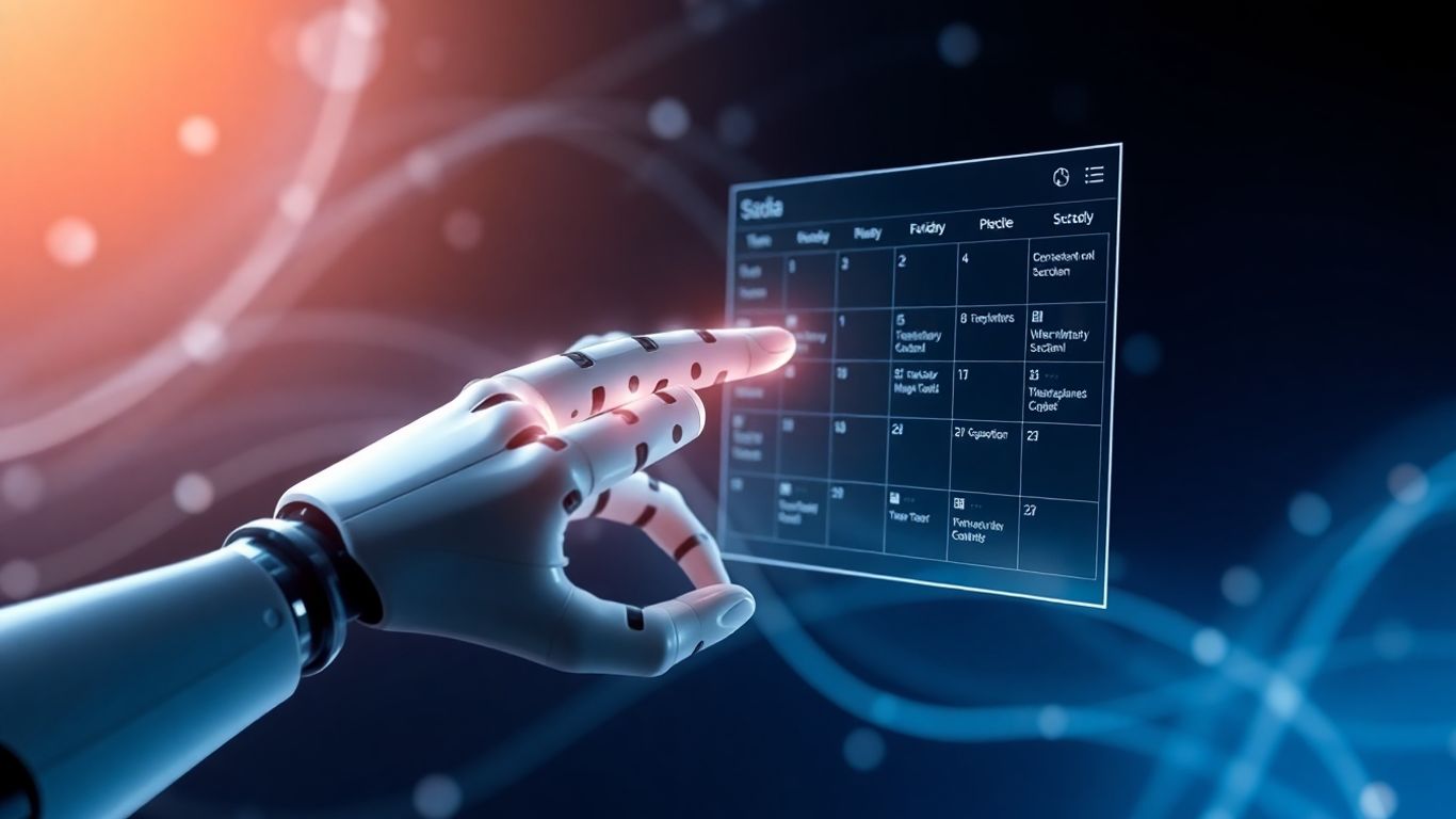 AI appointment setting interface with robotic hand and calendar.